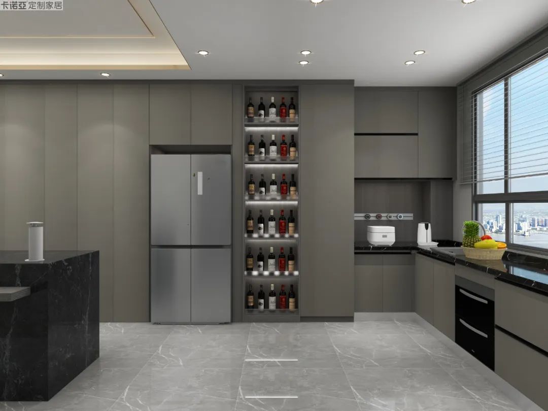 另一側(cè)櫥柜內(nèi)嵌洗碗機，安裝高度適中方便操作